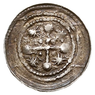 Denar, Aw: Rycerz przebijający włócznią smoka, Rw: Krzyż patriarchalny, w polach gwiazdy, srebro 0.45 g, Str. 39, Such. XIV, ładnie zachowany