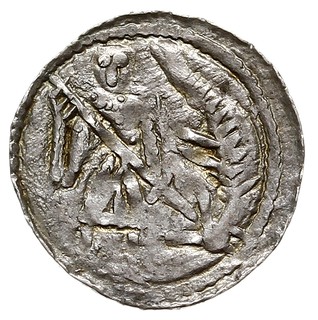 Denar, Aw: Rycerz przebijający włócznią smoka, Rw: Krzyż patriarchalny, w polach gwiazdy, srebro 0.41 g, Str. 39, Such. XIV