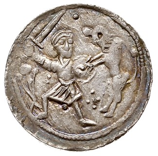 Denar, Aw: Książę na tronie, obok giermek, Rw: Rycerz walczący ze lwem, srebro 0.66 g, Str. 40, Such. XVI/1, bardzo ładnie zachowany