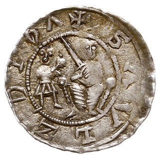Denar, Aw: Książę na tronie, obok giermek, Rw: Rycerz walczący ze lwem, srebro 0.74 g, Str. 40, Such. XVI/1, ładnie zachowany