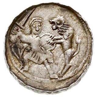 Denar, Aw: Książę na tronie, obok giermek, Rw: Rycerz walczący ze lwem, srebro 0.74 g, Str. 40, Such. XVI/1, ładnie zachowany
