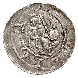 Denar, Aw: Książę na tronie, obok giermek, Rw: Rycerz walczący ze lwem, srebro 0.41 g, Str. 40, Such. XVI/1