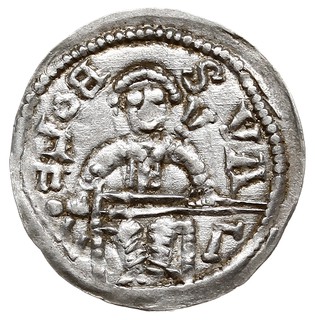 Denar 1146-1157, Aw: Książę z mieczem na tronie, BOLEZLAVS, Rw: Głowa w prostokątnej ramce, S ADALBERTVS, srebro 0.52 g, Str. 51, Such. XIX/1, bardzo ładny