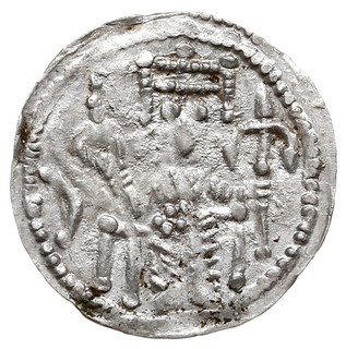 Denar 1157-1166, Aw: Książę siedzący na tronie na wprost, trzymający lilię w dłoni po prawej, Rw: Napis poziomy w trzech liniach BOL / EZL / AVS, srebro 0.41 g, Str. 55, Such. XX/2, rzadki i ładnie zachowany