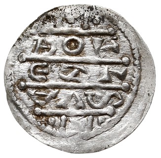 Denar 1157-1166, Aw: Książę siedzący na tronie na wprost, trzymający lilię w dłoni po prawej, Rw: Napis poziomy w trzech liniach BOL / EZL / AVS, srebro 0.40 g, Str. 55, Such. XX/2, rzadki, rysunek rewersu nieco przebija na stronę awersu