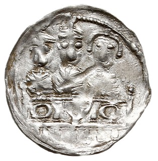 Denar 1157-1166, Aw: Popiersie z mieczem, Rw: Trzej książęta za stołem, srebro 0.34 g, Str. 58, Such. XXI, rzadki