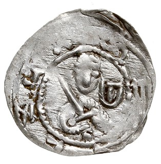 Denar 1157-1166, Aw: Popiersie z mieczem, Rw: Trzej książęta za stołem, srebro 0.33 g, Str. 58, Such. XXI, rzadki