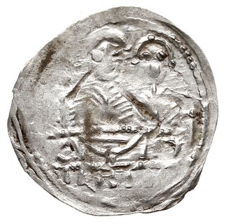 Denar 1157-1166, Aw: Popiersie z mieczem, Rw: Trzej książęta za stołem, srebro 0.33 g, Str. 58, Such. XXI, rzadki