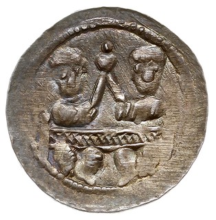 Denar 1146-1157, Aw: Dwaj książęta siedzący wspólnie za stołem, skierowani ku sobie trzymają kielich, Rw: Rycerz stojący na wprost z proporcem i tarczą w dłoniach, srebro 0.59 g, Str. 59, Such. XIX/2, piękny egzemplarz z patyną