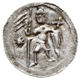 Denar 1146-1157, Aw: Dwaj książęta siedzący wspólnie za stołem, skierowani ku sobie trzymają kielich, Rw: Rycerz stojący na wprost z proporcem i tarczą w dłoniach, srebro 0.52 g, Str. 59, Such. XIX/2, ładnie zachowany