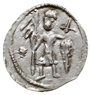 Denar 1146-1157, Aw: Dwaj książęta siedzący wspólnie za stołem, skierowani ku sobie trzymają kielich Rw: Rycerz stojący na wprost z proporcem i tarczą w dłoniach, srebro 0.54 g, Str. 59, Such. XIX/2, ładnie zachowany