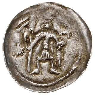 Denar 1146-1157, Aw: Dwaj książęta siedzący wspólnie za stołem, skierowani ku sobie trzymają kielich, Rw: Rycerz stojący na wprost z proporcem i tarczą w dłoniach, srebro 0.51 g, Str. 59, Such. XIX/2