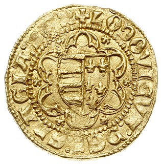 Goldgulden z lat 1353-1357, Aw: Tarcza herbowa Węgier i Andegawenów w rozecie, LODOVICVS DEI GRACIA REX, Rw: Św. Jan Chrzciciel na wprost, S IOHANNES B, mała główka- znak menniczy, złoto 3.56 g, Pohl B2, Rethy 63, Huszár 513, rzadki, wczesny typ w przyzwoitym stanie zachowania