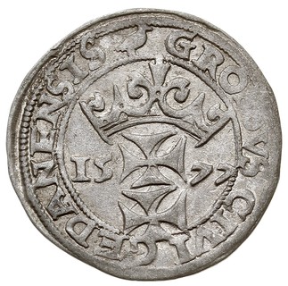 grosz oblężniczy 1577, Gdańsk, moneta z kawką na rewersie, wybita w czasie, gdy zarządcą mennicy był W. Tallemann, T.12, jak na ten typ monety bardzo ładnie zachowany