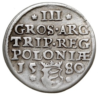 trojak 1580, Olkusz, na rewersie herb Batorych przedziela datę, Iger O.80.1.b (R4), rzadki