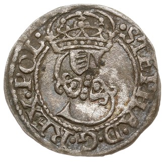 szeląg 1580, Olkusz, Aw: Monogram królewski z he