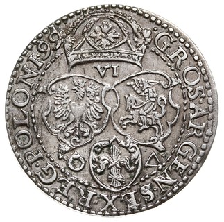 szóstak 1599, Malbork, odmiana z dużą głową króla, końcówka napisu nie dotyka korony, rzadki i ładnie zachowany, delikatna patyna