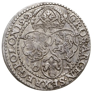 szóstak 1599, Malbork, odmiana z dużą głową króla, końcówka napisu dotyka korony, rzadki, delikatna patyna