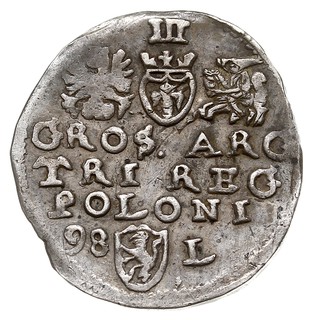 trojak 1598, Lublin, litera L po prawej stronie herbu Lewart, Iger l.98.3 (R4), bardzo rzadki, patyna