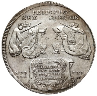 talar wikariacki 1711, Drezno, Aw: Król na koniu, Rw: Trzy stoły z insygniami koronacyjnymi, srebro 29.19 g, Kahnt 274, Schnee 1011, ładnie zachowany, delikatna patyna