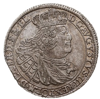 ort 1760, Gdańsk, odmiana z mieczem pomiędzy gałązkami palmowymi, Kahnt 725 wariant a - mały wieniec, moneta wybita z końca blachy, patyna