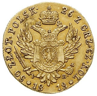 50 złotych 1818, Warszawa, złoto 9.77 g, Plage 2, Bitkin 805 (R), Fr. 105, drobne ryski w tle, ale dość ładne