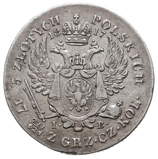 5 złotych 1817, Warszawa, odmiana z większą koroną i krótszym ogonem Orła, Plage 33, Bitkin 826, na boku monety minimalna mennicza wada krążka