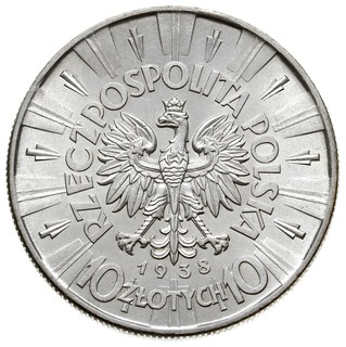 10 złotych 1938, Józef Piłsudski, Parchimowicz 124e, delikatnie przeczyszczone na rewersie, mimo to bardzo ładnie zachowane