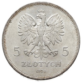 5 złotych 1928, Warszawa, Nike, Parchimowicz 114a, nieznaczne mikroryski w tle, ale piękne z delikatną patyną