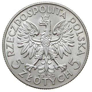 5 złotych 1932, Londyn, Głowa kobiety, Parchimowicz 116b, na awersie niewielka rysa w tle, ale pięknie zachowane