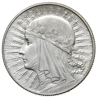 5 złotych 1932, Londyn, Głowa kobiety, Parchimowicz 116b, na awersie niewielka rysa w tle, ale pięknie zachowane
