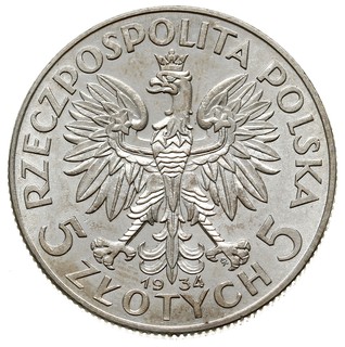 5 złotych 1934, Warszawa, Głowa kobiety, Parchimowicz 116d, nieznaczne przetarcia na rewersie, ale bardzo ładne, delikatna patyna