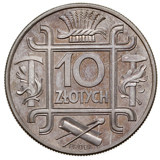 10 złotych 1934, Warszawa, Klamry, na rewersie wypukły napis PRÓBA, srebro 18.02 g, Parchimowicz P-160a, wybito 100 sztuk, bardzo efektowna wyśmienicie zachowana moneta z delikatną patyną