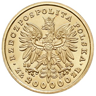 200.000 złotych 1990, Solidarity Mint USA, Fryderyk Chopin, złoto 31.16 g, Parchimowicz 635, wybite stemplem lustrzanym, nakład 13 sztuk, rzadka i efektowna moneta w pięknym stanie zachowania