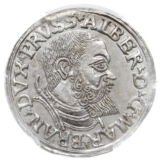 trojak 1539, Królewiec, Iger Pr.39.1.a (R), Neumann 42, moneta w pudełku PCGS z certyfikatem MS 62, pięknie zachowana