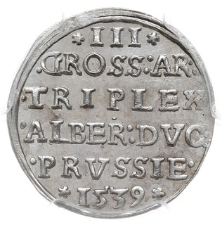 trojak 1539, Królewiec, Iger Pr.39.1.a (R), Neumann 42, moneta w pudełku PCGS z certyfikatem MS 62, pięknie zachowana