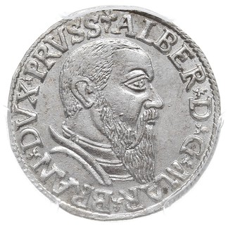 trojak 1542, Królewiec, Iger Pr.42.1.a (R), Neumann 43, moneta w pudełku PCGS z certyfikatem MS 62, pięknie zachowana