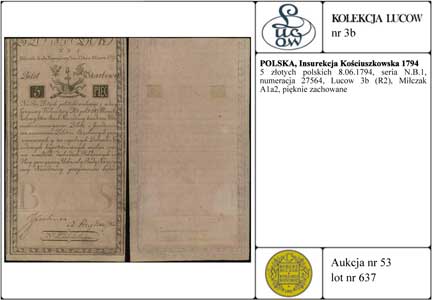 5 złotych polskich 8.06.1794, seria N.B.1, numeracja 27564, Lucow 3b (R2), Miłczak A1a2, pięknie zachowane