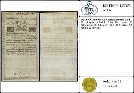 10 złotych polskich 8.06.1794, seria C, numeracja 30614, Lucow 19c (R2), Miłczak A2, pięknie zachowane