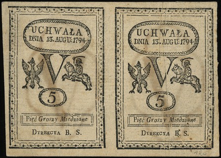2 x 5 groszy miedziane 13.08.1794, dwa egzemplarze nierozcięte w poziomie, bez oznaczenia serii i numeracji, na stronie odwrotnej F. Malinowski, Lucow 38a (R4) - ilustrowane w katalogu kolekcji, Miłczak - nie notuje (patrz A8a), dwie podlepki na stronie odwrotnej, rzadkie