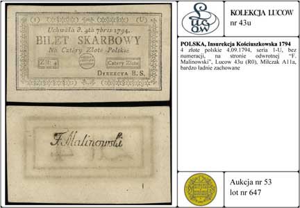 4 złote polskie 4.09.1794, seria 1-U, bez numeracji, na stronie odwrotnej F. Malinowski, Lucow 43u (R0), Miłczak A11a, bardzo ładnie zachowane