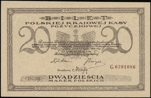 20 marek polskich 17.05.1919, seria G, numeracja 0391086, Lucow 334 (R3), Miłczak 21c, pięknie zachowane, rzadkie w tym stanie zachowania