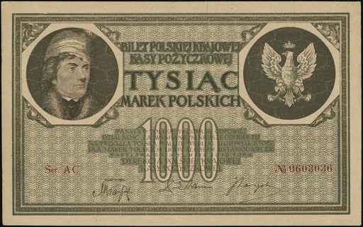 1.000 marek polskich 17.05.1919, seria AC, numeracja 0603036, znak wodny plaster miodu, Lucow 349 (R4), Miłczak 22f, pięknie zachowane, dość rzadkie w tym stanie zachowania