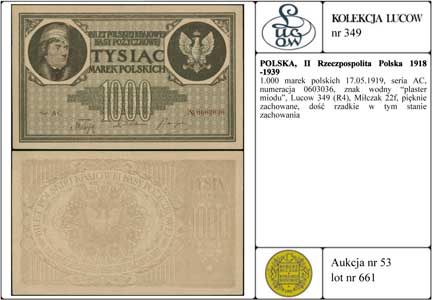 1.000 marek polskich 17.05.1919, seria AC, numeracja 0603036, znak wodny plaster miodu, Lucow 349 (R4), Miłczak 22f, pięknie zachowane, dość rzadkie w tym stanie zachowania