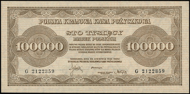 100.000 marek polskich 30.08.1923, seria G, numeracja 2122359, Lucow 433 (R3), Miłczak 35, wyśmienite
