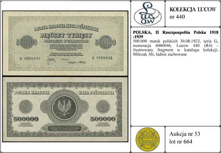 500.000 marek polskich 30.08.1923, seria G, numeracja 6060046, Lucow 440 (R4) - ilustrowany fragment w katalogu kolekcji, Miłczak 36i, ładnie zachowane