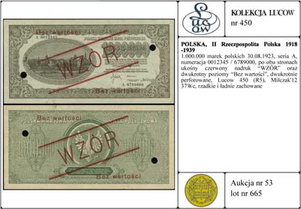 1.000.000 marek polskich 30.08.1923, seria A, numeracja 0012345 / 6789000, po obu stronach ukośny czerwony nadruk WZÓR oraz dwukrotny poziomy Bez wartości, dwukrotnie perforowane, Lucow 450 (R5), Miłczak'12 37Wc, rzadkie i ładnie zachowane