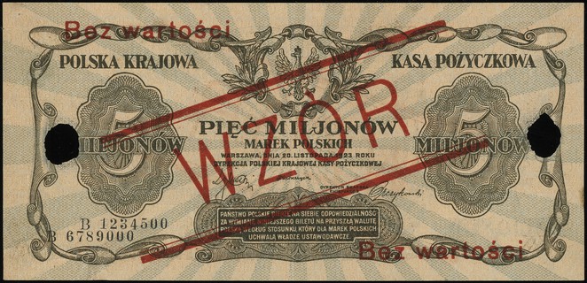 5.000.000 marek polskich 20.11.1923, seria B, numeracja 1234500 / 6789000, po obu stronach ukośny czerwony nadruk WZÓR oraz dwukrotny poziomy Bez wartości, dwukrotnie perforowane, Lucow 455a (R6), Miłczak'12 38We, rzadkie i ładnie zachowane
