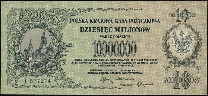 10.000.000 marek polskich 20.11.1923, seria T, numeracja 577274, Lucow 458 (R5) - ale nie notuje takiej litery, Miłczak 39a, rzadkie w tym stanie zachowania