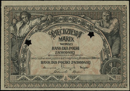 Bank dla Polski Zachodniej, 50 marek, ważne do 31.12.1919, bez oznaczenia serii i numeracji, Lucow 535 (R7), Jabł. 3299 (R8), dwukrotnie perforowane, bardzo rzadkie i pięknie zachowane